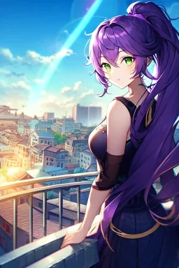 girl, masterpiece, best quality, cinematic lighting, detailed outfit, vibrant colors, perfect eyes, purple hair, long hair, green eyes, ponytail, messy hair, hair in between the eyes, sun, town, rooftop, light rays, lens flare,