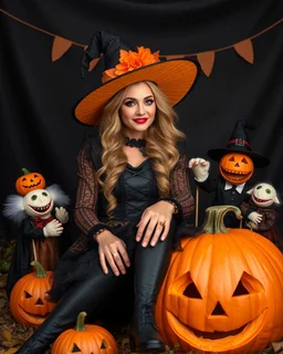 beautiful woman in unique custom fashion witch style Happy Halloween,sitting biggest pumpkin Halloween ,sorrounded by puppets Halloween