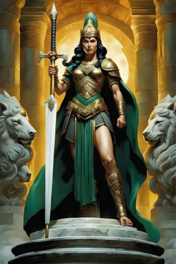 highly detailed statue on a plint of the goddess of war made of marble and jade. She is clad in plate mail, caries a roman spear in her left hand and a shield in her right hand. stunning body. full body shot. Mark Brooks and Dan Mumford, comic book art, perfect, smooth