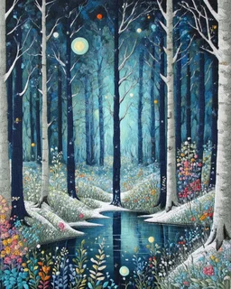 Whimsical landscape at night painting Embroidery by Flora Bowley and Jennifer Lommers and Enki Bilal heavenly intricate forest Minimalist filigree Snowy Dee Nickerson sterne very delicate lines Zen lines serene, twilight forest bathed in blue hues, featuring tall, slender trees and a tranquil pond reflecting colorful flowers and glowing orbs, evoking a dreamy, magical atmosphere.