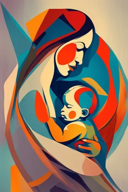 Mother holds her son , abstract style