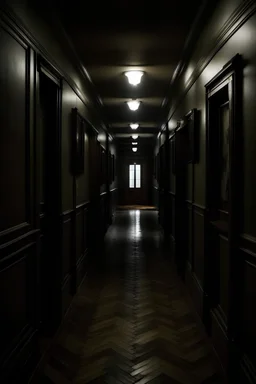 dark ominous hallway, eith a monster, all in a dak atmosphere