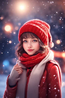 Painting of a cute girl in a red hat and scarf, pretty face, snowfall in the background, bright night, in front of space portal dimensional glittering device, bokeh like f/0.8, tilt-shift lens 8k, high detail, smooth render, down-light, unreal engine, prize winning