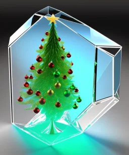 A glass Christmas tree inside a 3d glass cube