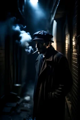 one man deep and his smoke in dark alley