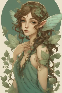 Forest fairy with iridesand teal wings and a cute short leaf dress and pointed ears and multiple vine earings and ear cuffs flying through a mythical forestand brown wavy hair