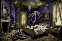 surreal bedroom, nightmarish many legged and slimy creature crawling out of framed picture hanging above bed onto the bed where a woman is sleeping under covers, slimy gross tentacles stretching everywhere, haunting nightmare-scape, horror art, mysterious sinister, by Yves Tanguy, by Stephen Grammell, by Joel-Peter witkin, photorealism, dark blue and dark violet and dark gold, volumetric lighting, dry ice vapors.