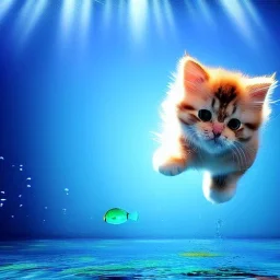 Cute fluffy kitty diving underwater in an ocean, lots of fishes, gorgeous light shafts, beautiful, colorful, happy