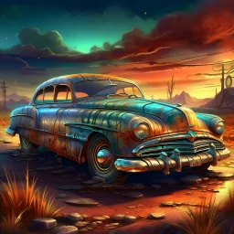 PROMPT: Detailed illustration of a [CAR], metallic body in [COLOR], with subtle rust spots and faded paint details. The car is parked, chrome accents and custom wheels catching the light. The background shows [SCENERY], with a [SKY GRADIENT COLORS]. The style is cinematic, bold, and vibrant, masterpiece digital painting with high detail and game-art inspired realism.