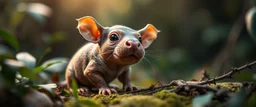 crazy cute small dog hippo rat gremlin, warped in jungle with bokeh and space blur