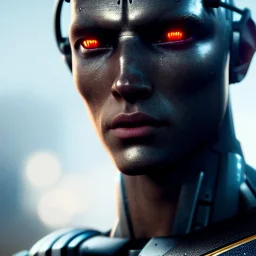 high definition cyborg, 4k, male, sad, tear, ultra high definition, finely tuned detail, unreal engine 5, octane render, ultra realistic face, detailed make-up, detailed hair, detailed metals, use dynamic palette, accurate proportions, high contrast, black smokey bokeh background