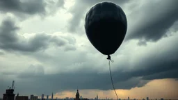 one bursts big black party balloon on sky, high realistic, storm, gloomy, surreal, little city, ruins, professional photo, cinematic, utopistic