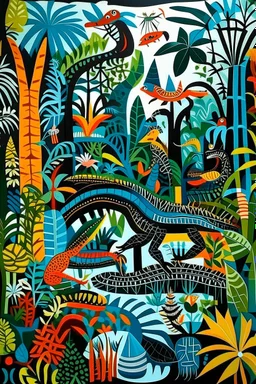 A black mysterious jungle with crocodiles designed in Oaxacan alebrijes painted by Stuart Davis