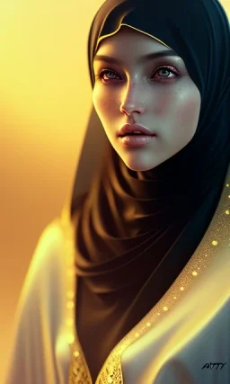 Arab princess , cute, beautiful , black eyes ، hijab, head and shoulders portrait, cinematic, 8k, resolution concept art portrait by Greg Rutkowski, Artgerm, WLOP, Alphonse Mucha dynamic lighting hyperdetailed intricately detailed