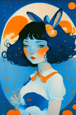 A very beautiful woman with blue-black hair. She lives on the moon and very under the rabbits. Her month is long and curly. She puts orange shadow over her eyes and blushes in blue. She is good at cooking. She wears white and orange clothes, a white skirt with a button in the shape of a rabbit, and light blue pants. She is 23 years old ،Her skin is,yellow. Her hair is long