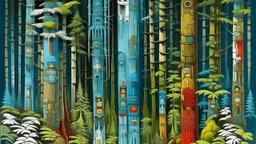 A cyan rainforest with poisonous plants designed in pacific Northwest totem poles painted by Edward Hicks