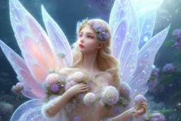 one big crystal subtle flower in a galactic ambiance above a very little beautiful fairy, transparent petals, delicate colors, in the foreground, full of details, smooth, bright sunshine，soft light atmosphere, light effect，vaporwave colorful, concept art, smooth, extremely sharp detail, finely tuned detail, ultra high definition, 8 k, unreal engine 5, ultra sharp focus