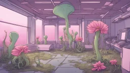 futuristic interior space with carnivorous plants and flowers, 21st Century, painted by Squidward Tentacles, Interior design --ar 16:9 --weird 1000 --chaos 25 --iw 1 --q 2