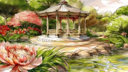 Draw inspiration from the natural elements in the provided reference image to create a picturesque scene featuring an elegant pavilion. Emphasize the architectural features of the pavilion and its surroundings, such as trees, lakes, or mountains, to highlight the tranquility and grace of the pavilion. Avoid incorporating floral elements to maintain a focus on the harmonious integration of the pavilion and its surrounding landscape.