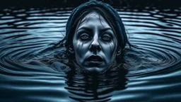 A woman with an evil face, a face of horror, drowned by her in the water, winter, frozen lake, darkness.