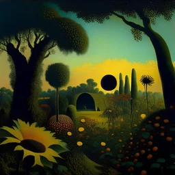 High definition photography of a marvelous landscape, odd still figures, trees, flowers, sun, intricate, atmosphere of a Max Ernst painting, Henri Rousseau, thoughtful, interesting, a bit appalling, smooth
