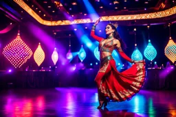 A beautiful Ozbek female dancer in national costums dancing her national dance in luxury night club with dynamic lights full body shot