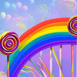 a lollipop, really sweet, rainbow colours, rainbow stand, sunshine, in a rainbow castle