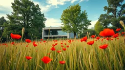 A modern, abstract concrete and stone house is nestled amongst lush greenery and a vibrant field of red poppies. The house features clean geometric lines, with large glass windows that reflect the sky and surrounding landscape. Tall, mature trees with dense foliage frame the structure, creating a sense of natural integration. The foreground is dominated by a carpet of bright red poppies interspersed with tall, golden grasses, leading the eye towards the architectural marvel. The sky above is a d