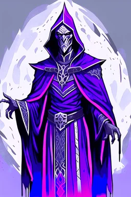 warlock, black mask, black robe, purple patterns, tall, ominous
