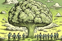 mushroom cloud growing from human brains cartoon