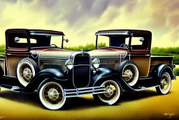 a true-to-life 1930 ford model a pickup, classic wheels, centered, intricate, extreme detailed, photorealism, center view, suburb background, pivot on ford, pen and color marker, painting by cheryl kelley