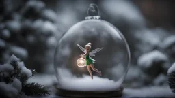 photoreal magnificent flying tinkerbell with a christmas bauble and a present in a snow covered magic forset in the mist at night by lee jeffries, otherworldly creature, in the style of fantasy movies, photorealistic, shot on Hasselblad h6d-400c, zeiss prime lens, bokeh like f/0.8, tilt-shift lens 8k, high detail, smooth render, unreal engine 5, cinema 4d, HDR, dust effect, vivid colors