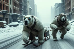 irradiated cybernetic polar bear mutant creatures in harnesses pulling a sled carrying a man dressed in steampunk snow goggles, head-wrapping, and heavy robes; middle of a street in an empty destroyed crumbling city, post-apocalyptic winter dystopia,, massive snow drifts, ice particles, dramatic