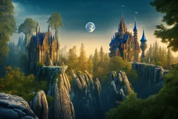 big castle stand on a rock, forest, night, moon, 8k resolution, high-quality, fine-detail, intricate, fantasy art, detailed matte, volumetric lighting, illustration, 3D