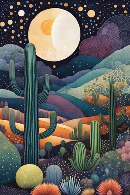 random color Zentangle patterns in the styles of Gustav Klimt ,Wassily Kandinsky, Paul Klee, and Kay Nielsen that depicts a moonlit desert cactus forest with fine ink outlining