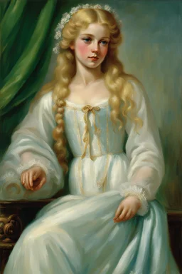 young woman small in stature Her features were soft, and her blonde hair framed her petite face.she wore was a thin white nightdress, which ended just above her knees. green/blue eyes