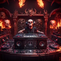 DJ of the damnded, insanely detailed DJ booth in hell, MID set, speakers and equipment made of bone, anatomically correct, add more skulls in th audience, photorealism, vray, 8k 3d