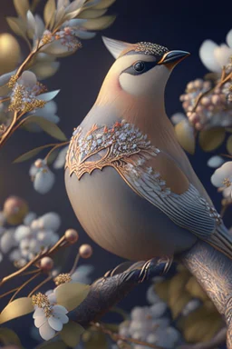 ethereal Bohemian Waxwing bird, Bombycilla garrulus :: intricate details, ornate, detailed illustration, Johanna Rupprecht style, William Morris style :: trending on artstation, octane render, 8k, high detail, smooth render, unreal engine 5, cinema 4d, HDR, dust effect, vivid colors