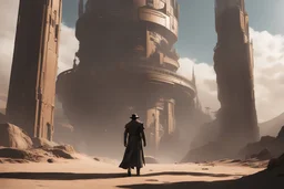 gunslinger walking towards a large tower in a sci-fi world