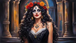 acrylic illustration, acrylic paint, oily sketch, dark theme, (upper body portrait shot:1.2), a pretty cute woman with curly long hair, joy emotion, (looking at viewer:1.2), (colored makeup Dia de los Muertos:1.25), (dynamic pose, action packed:1.1), posing in luxury castle, wreath of roses (on head:1.2), intricate detailed long (red dress:1.3) with black lace details, 4k, 8k, (intricate details:1.12), hdr, (intricate details, hyperdetailed:1.15), soft cinematic light, dramatic atmosphere