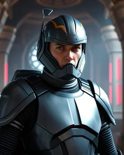 star wars bald male corellian pilot wearing pearlescent black and gunmetal grey First Order special forces heavy assault stealth commando armor with helmet with gold and metallic red trim inside the jedi temple, hyperdetailed, dynamic lighting, hyperdetailed background, 8k resolution, volumetric lighting, light skin, fully symmetric details