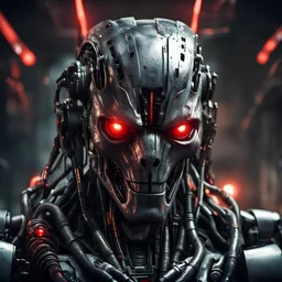 a close up portrait of an evil combat robot. red eyes. photorealistic. lots of greebling; little hoses, lights, and weapon systems. terminator, meets predator, meets alien, meets the matrix, meets the Borg. the lighting should be dark. it's approaching you in the shadows of a dark spaceship corridor. it's battle damaged. some burn marks and bullet holes. incredibly ominous.