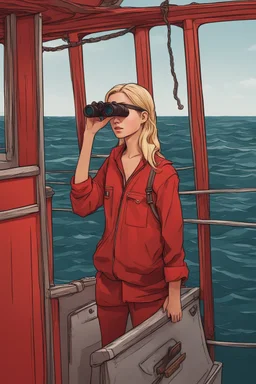 23 years old girl, with blond hair and a messy bun. standing on in a red boat, wearing red clothes and looking trough binoculars watching something in the middle of the sea. You see the whole boat. You see the gril in front. It's a ferry. Wes anderson style. In front. Sarcastic vibe. Old school interior. she stands in the kitchen of the boat