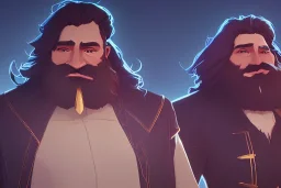 Other worldly boisterous long haired bearded tall middle-aged man wearing many gold rings and rugged long fur trimmed merchant's coat, full body, dark background, dynamic lighting, full body