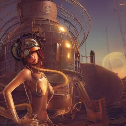 great illustrator, spanish, realistic rendering of a cute spanish girl kissing steampunk style. Helmet with tubes. Machinery in the background. Robotic bird flying. High details. 4k. unreal engine, sunset