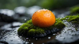 Close up of an orange fruit on a wet rock,rain drops,moss,high details,dark place