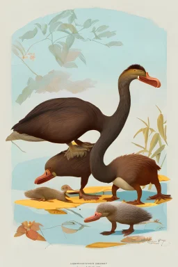 John James Audubon-like illustration of a fully uncropped Dodo bird and a Platypus in a landscape of warm yellows, warm reds, and warm blues