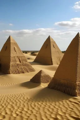 A tan sandy desert with magnetic pyramids designed in Bayeux tapestry painted by Vincent van Gogh