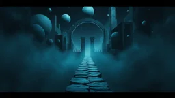 passage over nothingness, surreal, dark and cold abstract artwork dominated by deep blue, icy cyan, charcoal black and muted steel-grey tones. An narrow passageway emerges from an abstract distorted weird landscape, surrounded by thick fog and drifting mist. The space feels nightmare, alien and unsettling, with floating circles and balls geometric forms, fragmented architecture, perspective. At the center of the composition cracked stone way over abyss