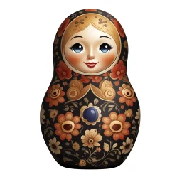 draw matryoshka dolls, the matryoshka is smiling, the kind sweet face of the matryoshka doll, behind the matryoshka Russian patterns in the style of Khokhloma, Khokhloma with gold and black flowers, in the hands of matryoshka blueberries